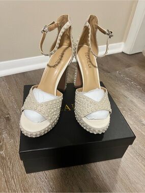 TEAIEUI Pearl-Embellished Cream Platform Ankle-Strap Heels